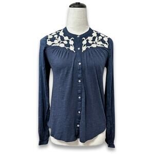 Lucky Brand Shirt Button Cuff Long Sleeves Pleated Cotton Blend Navy W XS